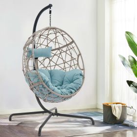 paPatio Wicker Swing Egg Chair Basket Rattan Teardrop Hanging Lounge Chair with Stand and Cushions (Color: Blue)