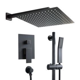 12-inch/10-inch Wall Mount Square Stainless Steel High Pressure Rainfall Shower Head with Handheld Spray Combo, 360 Degree Adjustable Slide Bar (Color: Oil Rubber Bronze, Shower head Size: 12 inch)