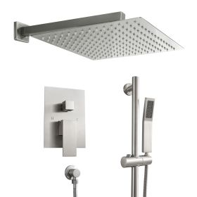 12-inch/10-inch Wall Mount Square Stainless Steel High Pressure Rainfall Shower Head with Handheld Spray Combo, 360 Degree Adjustable Slide Bar (Color: Brushed Nickel, Shower head Size: 12 inch)