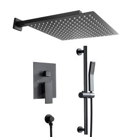 12-inch/10-inch Wall Mount Square Stainless Steel High Pressure Rainfall Shower Head with Handheld Spray Combo, 360 Degree Adjustable Slide Bar (Color: Matte black, Shower head Size: 12 inch)