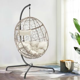 paPatio Wicker Swing Egg Chair Basket Rattan Teardrop Hanging Lounge Chair with Stand and Cushions (Color: Beige)